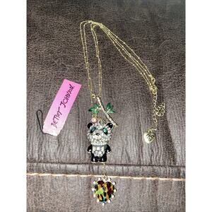 Betsey Johnson koala bear, bamboo heart dual necklace rhinestones adjustable New